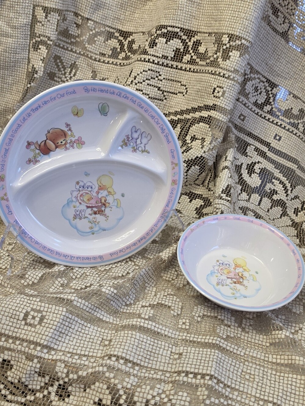 Vtg '87 Precious Moments Melamine Divided Plate Bowl Set Enesco Childrens Prayer
